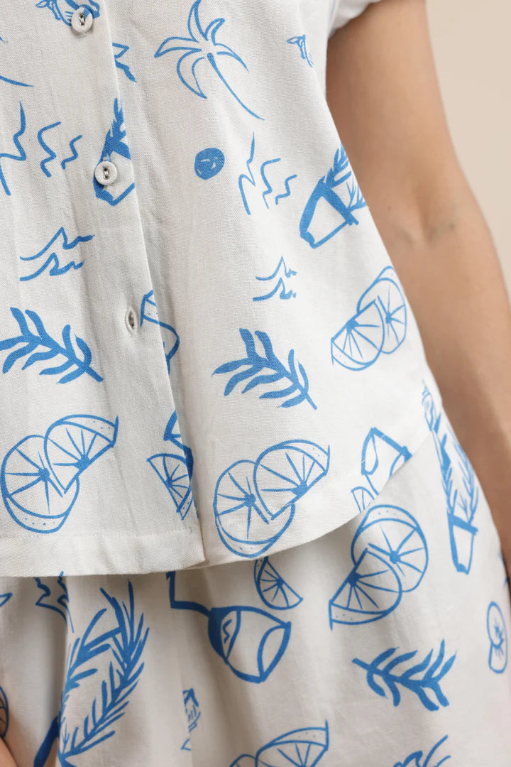 Sage the Label Citrus Splash Button Up Printed Shirt Ivory Blue