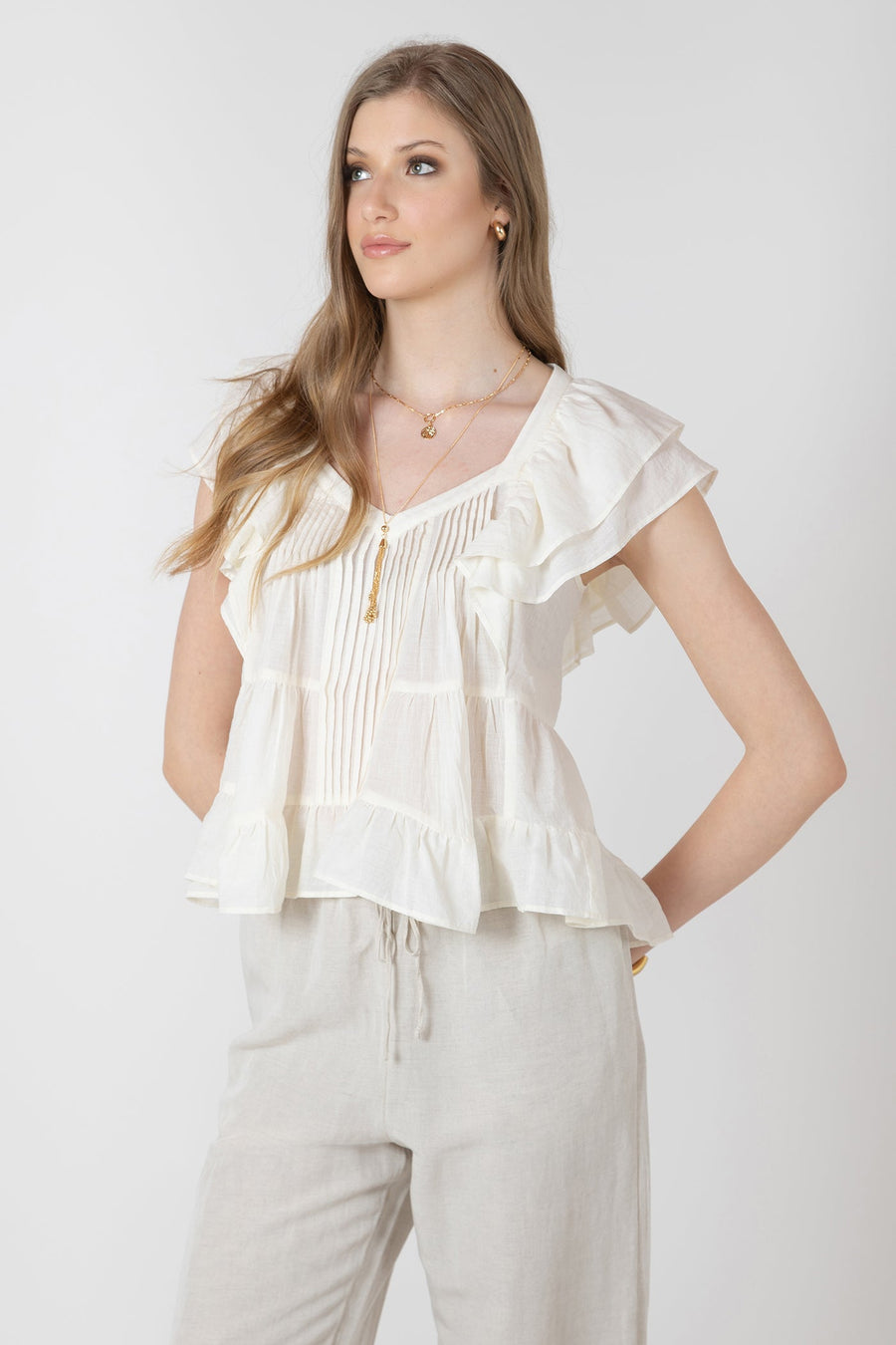 Room34 Printed Ruffled Tencel Blouse White
