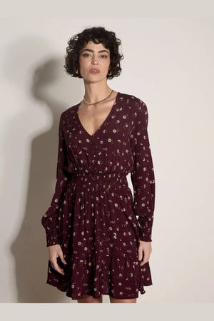 Apricot Vintage Floral Ruffle Neck Dress Burgundy