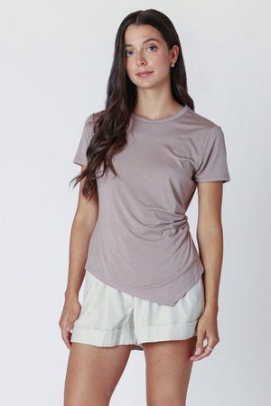 Black Tape SS Gathered Angled Hem Top Cool Taupe