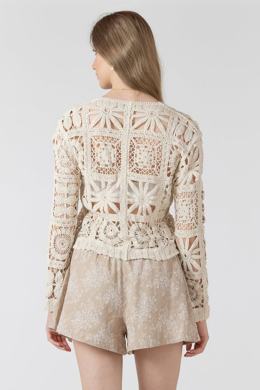 Room34 Embroidered Square Pattern Cardigan Oatmeal Mix
