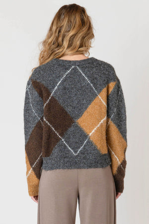 Room 34 V-Neck Patterned Sweater Neutral Argyle