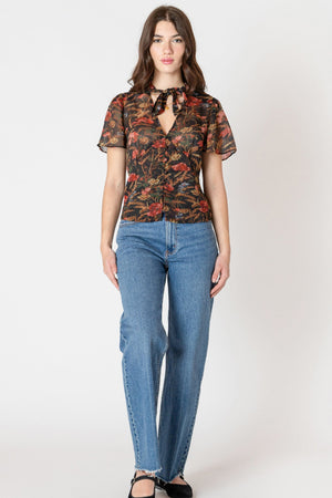 Black Tape Button Front Blouse Autumn Bloom