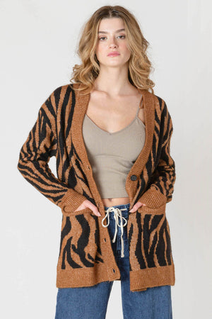 Room 34 Button Front Patterned Cardigan Tiger