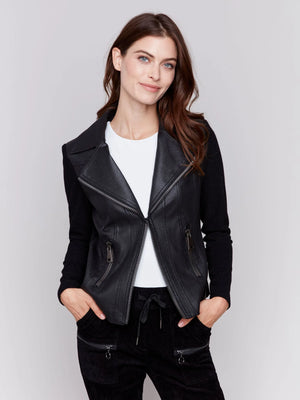 Charlie B Vintage Faux Leather Knit Combo Perfecto Jacket Black